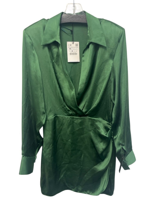 Zara Size M Green Polyester Satin Long Puff Sleeve Faux Wrap Mini Dress Green / M