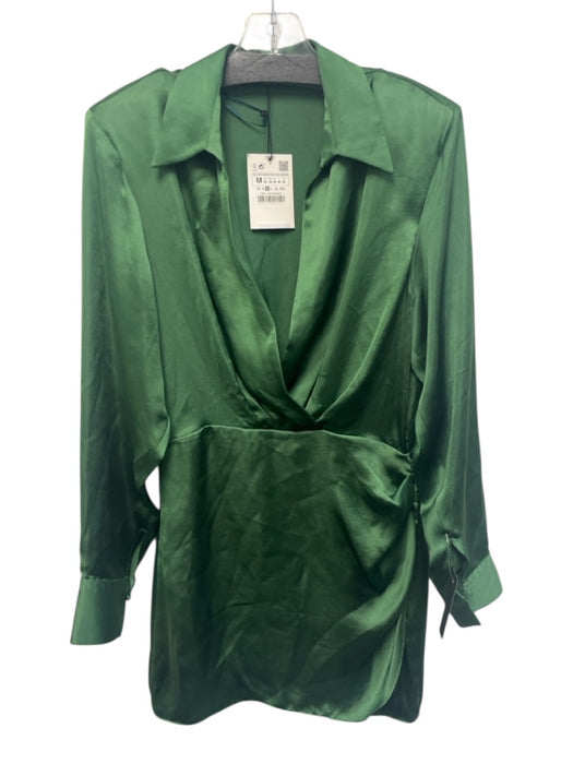 Zara Size M Green Polyester Satin Long Puff Sleeve Faux Wrap Mini Dress Green / M