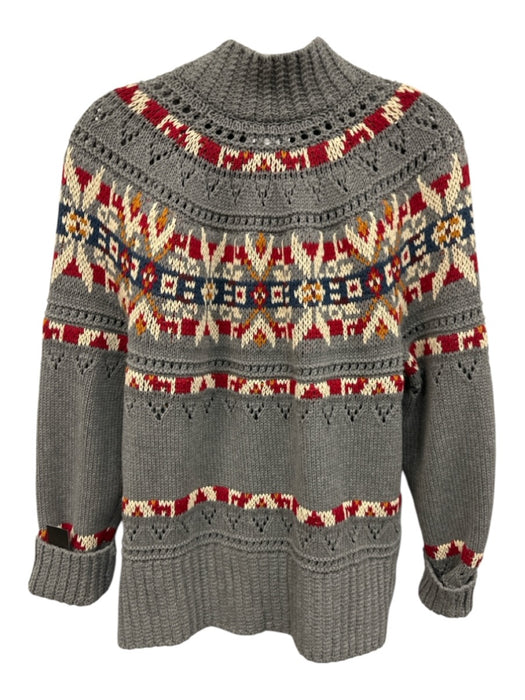LL Bean Size M Gray, Red & Multi Cotton Open Knit Design Mock Neck Sweater Gray, Red & Multi / M
