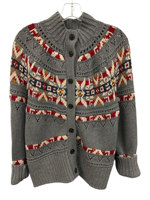 LL Bean Size M Gray, Red & Multi Cotton Open Knit Design Mock Neck Sweater Gray, Red & Multi / M