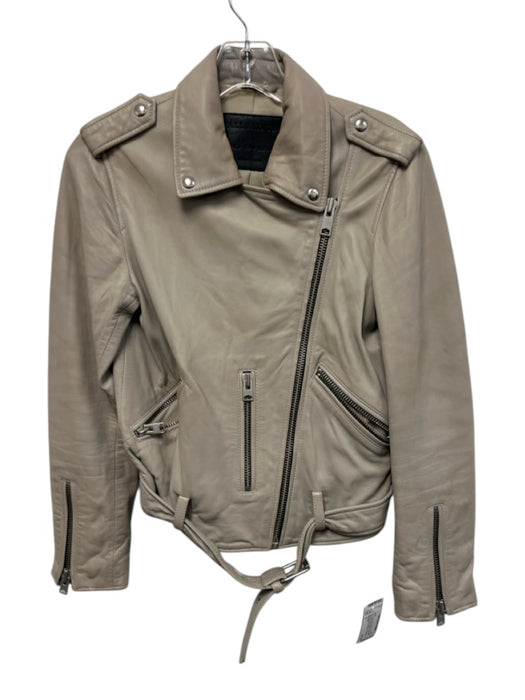 All Saints Size 4 Light Gray Leather Silver Zipper Zip Pocket Belted Moto Jacket Light Gray / 4
