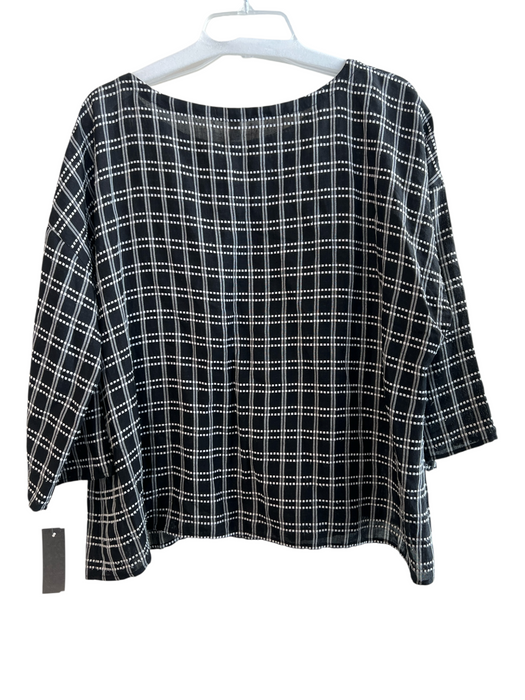 Eileen Fisher Size XL Black & White Organic Linen Grid Print Wide Neck Top Black & White / XL