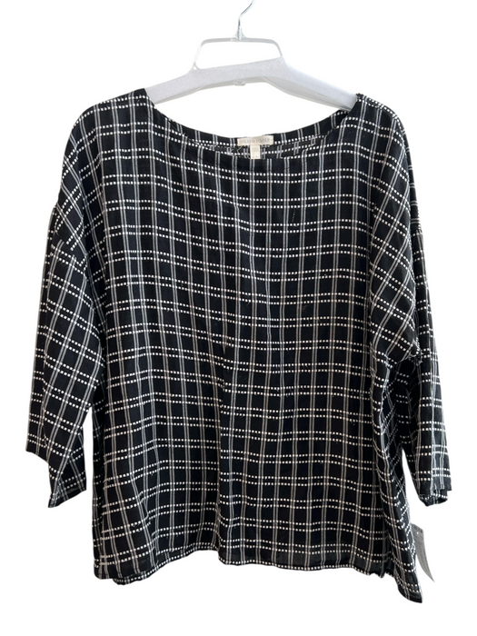 Eileen Fisher Size XL Black & White Organic Linen Grid Print Wide Neck Top Black & White / XL