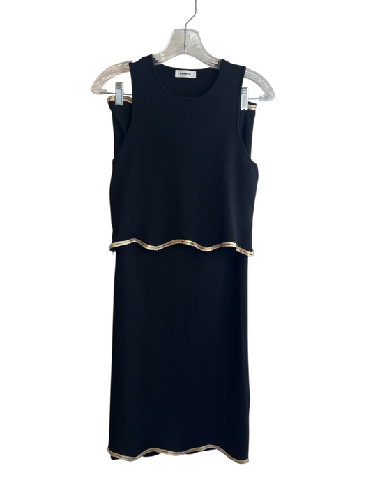 Sandro Size Medium Black Viscose Gold trim Crop Top Sleevel Print Skirt Set Black / Medium