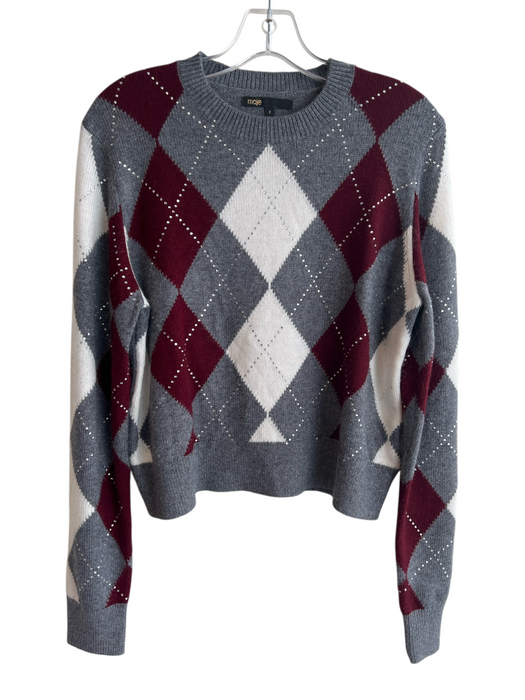 Maje Size 2 Gray & multi Wool Blend Argyle Rhinestone Detail Long Sleeve Sweater Gray & multi / 2