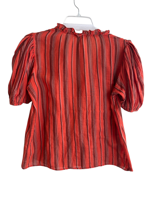 Ulla Johnson Size 6 Orange & Multi Cotton Striped Short Sleeve Ruffle Detail Top Orange & Multi / 6