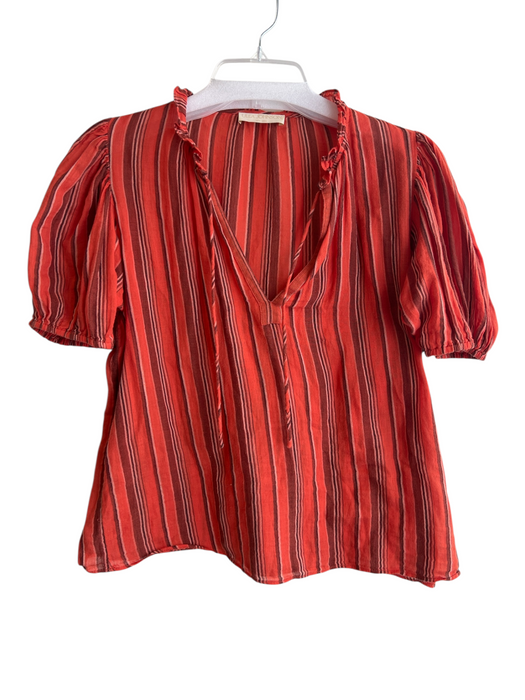 Ulla Johnson Size 6 Orange & Multi Cotton Striped Short Sleeve Ruffle Detail Top Orange & Multi / 6