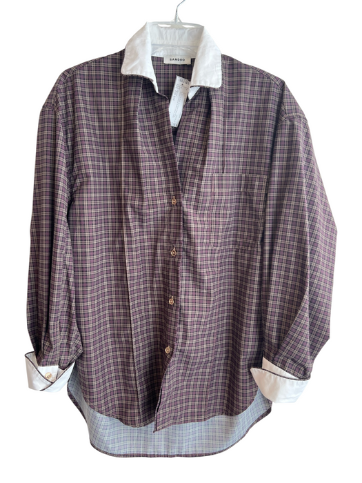 Sandro Size Est S/M Brown & Multi No Fabric Tag Long Sleeve Collared plaid Top Brown & Multi / Est S/M