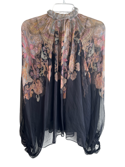 Zimmermann Size 1 Black & Multi Silk Long Sleeve Paisley Print Ruffle collar Top Black & Multi / 1