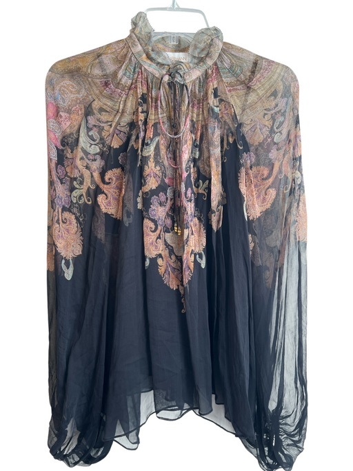 Zimmermann Size 1 Black & Multi Silk Long Sleeve Paisley Print Ruffle collar Top Black & Multi / 1