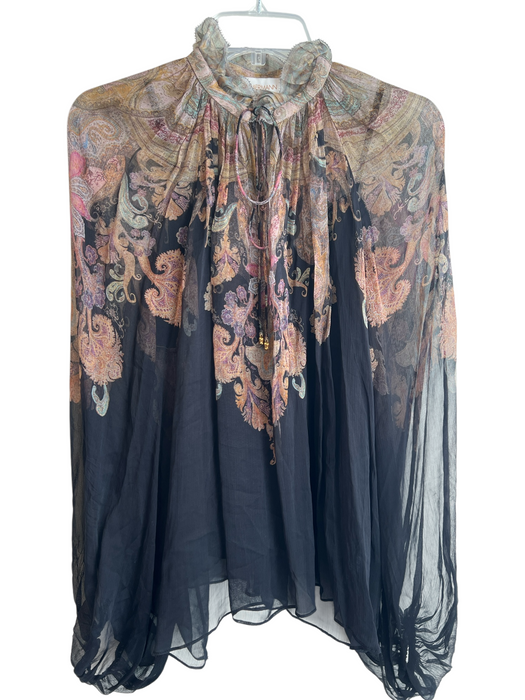 Zimmermann Size 1 Black & Multi Silk Long Sleeve Paisley Print Ruffle collar Top Black & Multi / 1