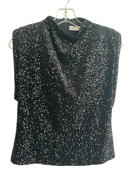 Zara Size Medium Black No Fabric Tag Lined High Neck Sequins Back Zip Top Black / Medium