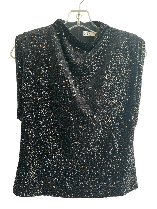 Zara Size Medium Black No Fabric Tag Lined High Neck Sequins Back Zip Top Black / Medium