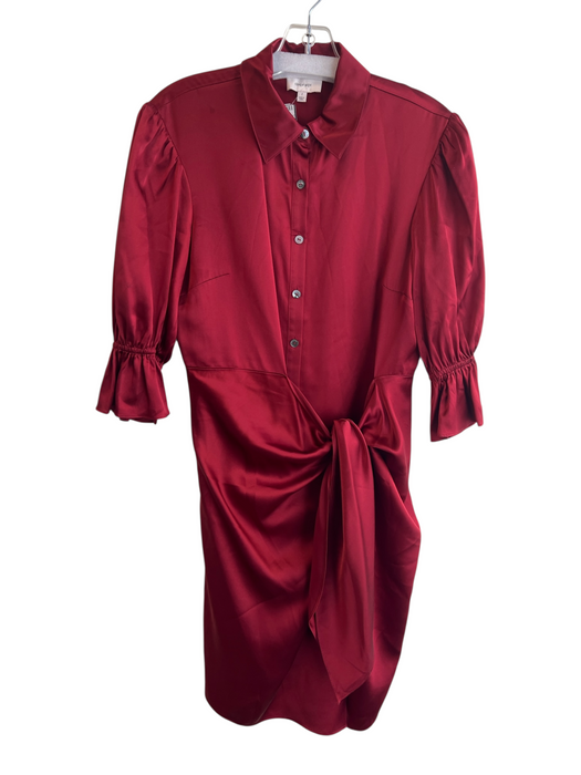 Cinq a Sept Size 2 Dark Red Silk Tie At Waist Button Down Half Sleeve Dress Dark Red / 2