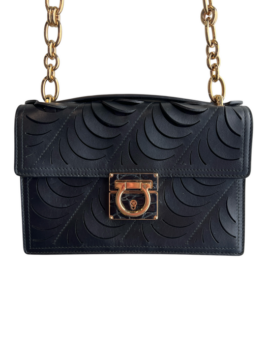 Salvatore Ferragamo Black Leather Gold Tone Hardware Laser Cut Chain Detail Bag Black / Small