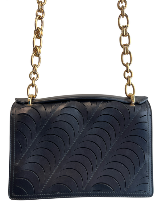 Salvatore Ferragamo Black Leather Gold Tone Hardware Laser Cut Chain Detail Bag Black / Small