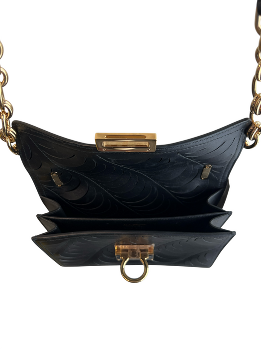 Salvatore Ferragamo Black Leather Gold Tone Hardware Laser Cut Chain Detail Bag Black / Small