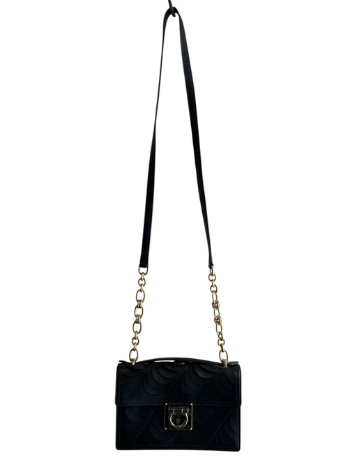 Salvatore Ferragamo Black Leather Gold Tone Hardware Laser Cut Chain Detail Bag Black / Small