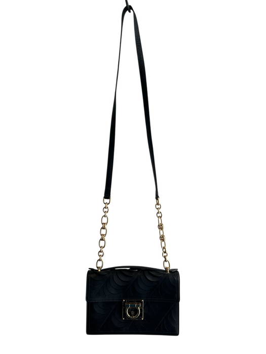 Salvatore Ferragamo Black Leather Gold Tone Hardware Laser Cut Chain Detail Bag Black / Small
