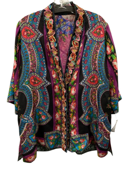Johnny Was Size XS Black, Pink, Purple Silk Open Front Floral Abstract Jacket Black, Pink, Purple / XS
