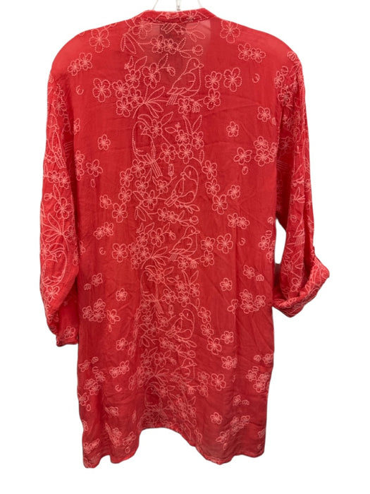 Johnny Was Size L Red Rayon 1/2 Button Long Sleeve Floral Stitching Pleats Dress Red / L