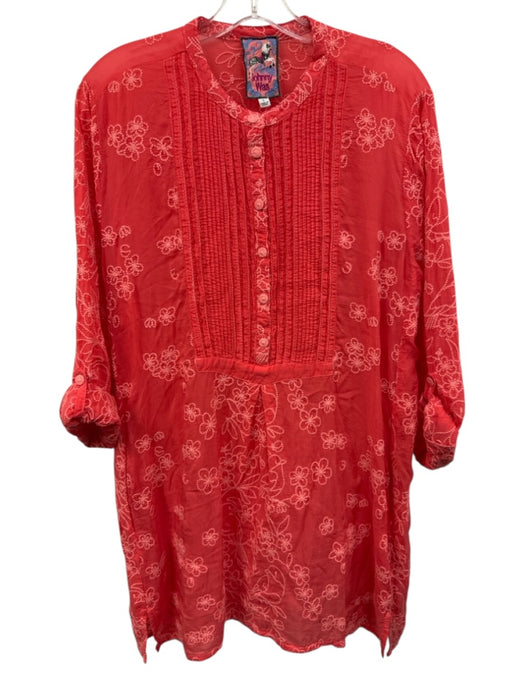 Johnny Was Size L Red Rayon 1/2 Button Long Sleeve Floral Stitching Pleats Dress Red / L