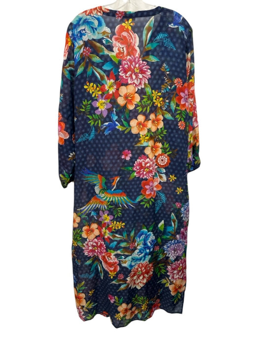 Johnny Was Size L Navy & Multi Cotton & Silk Long Sleeve Midi Floral Dress Navy & Multi / L