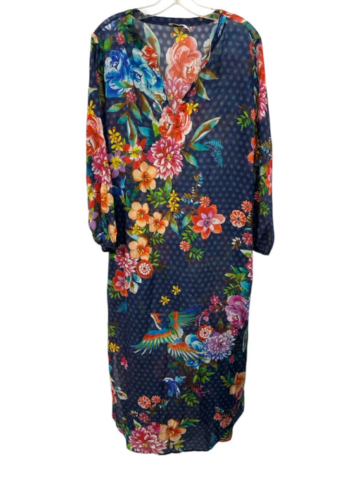 Johnny Was Size L Navy & Multi Cotton & Silk Long Sleeve Midi Floral Dress Navy & Multi / L