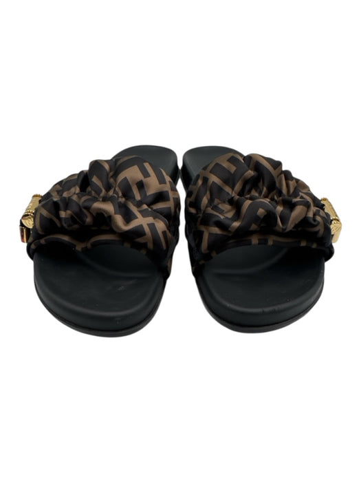 Fendi Shoe Size 40 Black & Brown Leather goldtone hardware Satin Sandals Black & Brown / 40