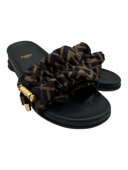 Fendi Shoe Size 40 Black & Brown Leather goldtone hardware Satin Sandals Black & Brown / 40