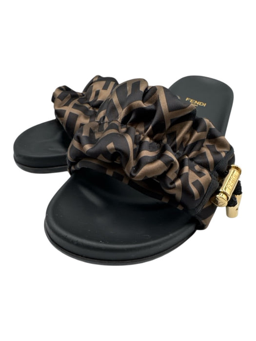 Fendi Shoe Size 40 Black & Brown Leather goldtone hardware Satin Sandals Black & Brown / 40