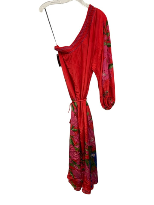 Farm Rio Size L Red & Multi Viscose One Shoulder Long Balloon Sleeve Dress Red & Multi / L