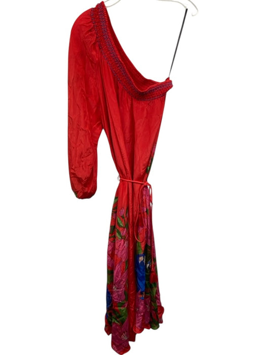 Farm Rio Size L Red & Multi Viscose One Shoulder Long Balloon Sleeve Dress Red & Multi / L