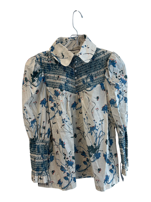 Tuckernuck Size S Beige & Blue Cotton Collared Balloon Sleeve Floral Print Top Beige & Blue / S