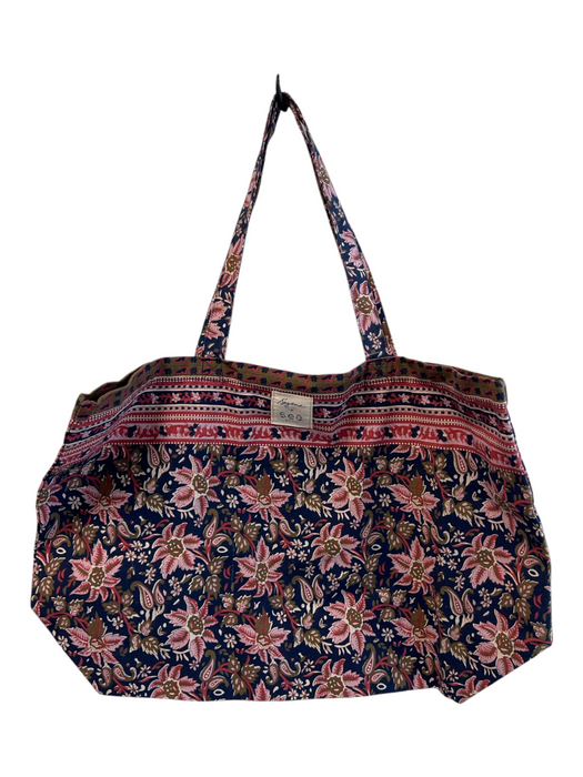 Sezane x Sea New York Blue & Red Canvas Top Handle Floral Print Tote Bag Blue & Red
