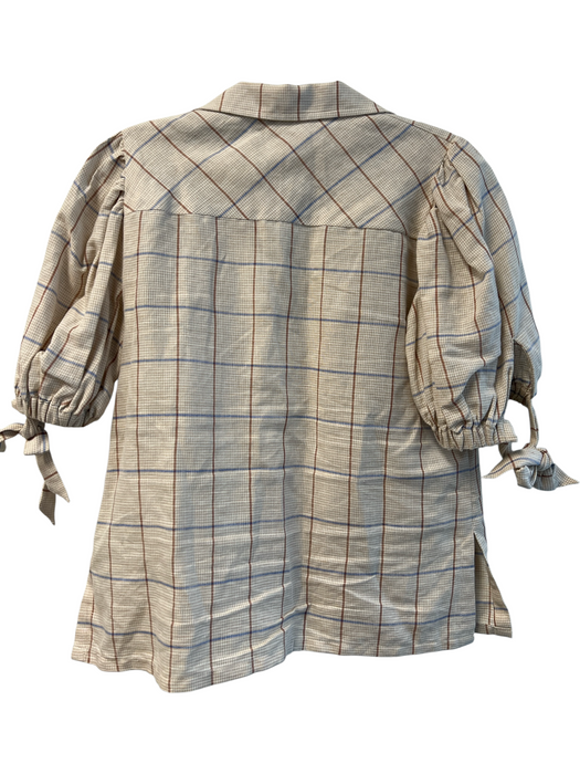 Hunter Bell Size XS Tan & blue Cotton & Linen Plaid Short Tie Sleeve Collar Top Tan & blue / XS