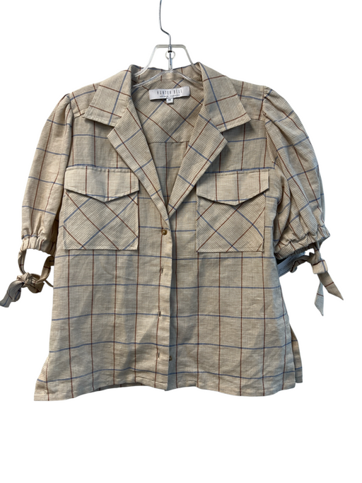Hunter Bell Size XS Tan & blue Cotton & Linen Plaid Short Tie Sleeve Collar Top Tan & blue / XS