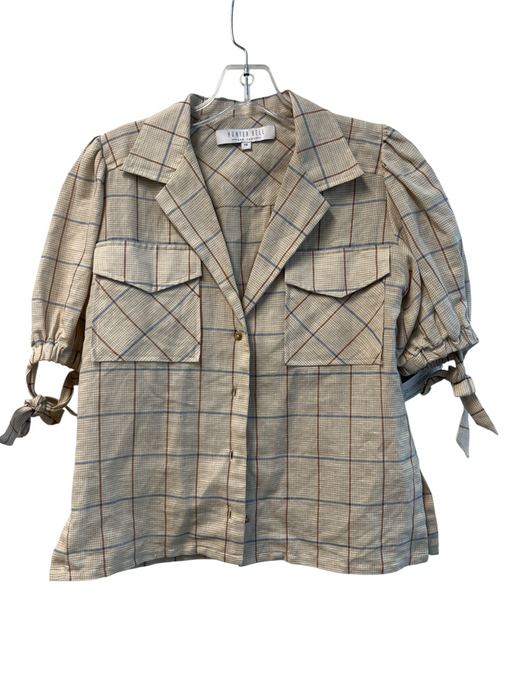 Hunter Bell Size XS Tan & blue Cotton & Linen Plaid Short Tie Sleeve Collar Top Tan & blue / XS