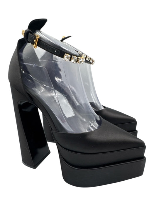 Versace Shoe Size 38.5 Black Satin Platform Pointed Toe Ankle Buckle Pumps Black / 38.5
