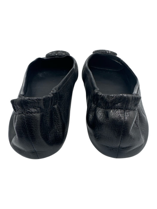 Tory Burch Shoe Size 8 Black Leather Crinkle Monogram Rhinestone Flats Black / 8