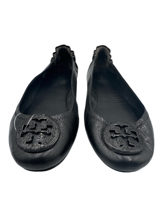 Tory Burch Shoe Size 8 Black Leather Crinkle Monogram Rhinestone Flats Black / 8