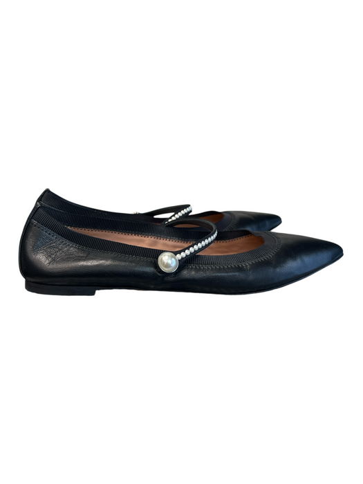 Aquazzura Shoe Size 37.5 Black Leather Pointed Toe Top Strap Pearl detail Shoes Black / 37.5