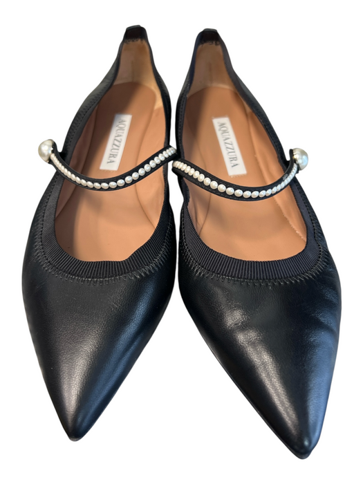 Aquazzura Shoe Size 37.5 Black Leather Pointed Toe Top Strap Pearl detail Shoes Black / 37.5