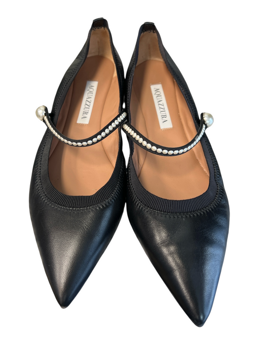 Aquazzura Shoe Size 37.5 Black Leather Pointed Toe Top Strap Pearl detail Shoes Black / 37.5