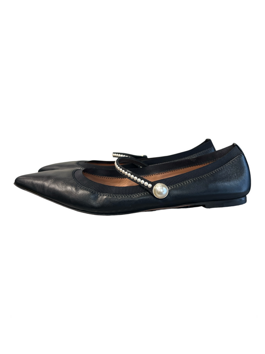 Aquazzura Shoe Size 37.5 Black Leather Pointed Toe Top Strap Pearl detail Shoes Black / 37.5