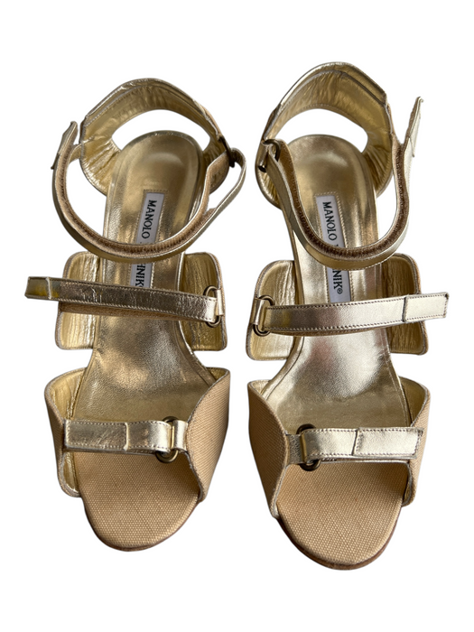 Manolo Blahnik Shoe Size 36.5 Metallic Gold Leather & Linen open toe Shoes Metallic Gold / 36.5