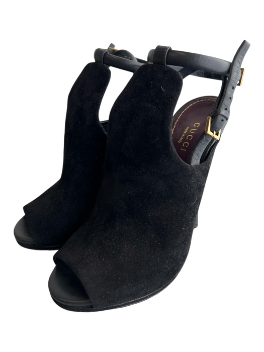 Gucci Shoe Size 36 Black Suede Peep Toe Open Heel Double Ankle Strap Shoes Black / 36