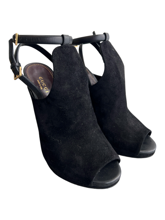 Gucci Shoe Size 36 Black Suede Peep Toe Open Heel Double Ankle Strap Shoes Black / 36