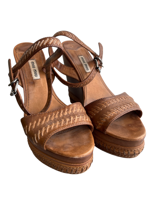 Miu Miu Shoe Size 36.5 Brown Leather Open Toe & Heel Ankle Buckle Shoes Brown / 36.5