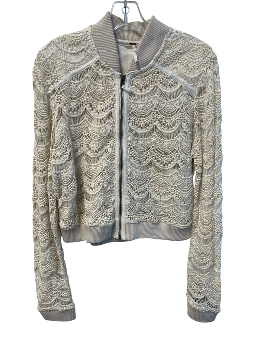Free People Size Large Cream Cotton Front Zip Crochet Bomber Jacket Cream / Large